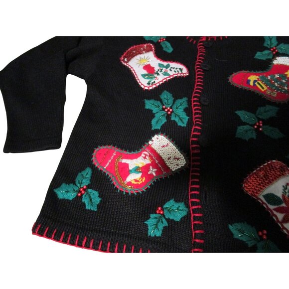 Vintage Victoria Jones Christmas Sweater Med Black Stocking Holly Applique GUC - Picture 7 of 9